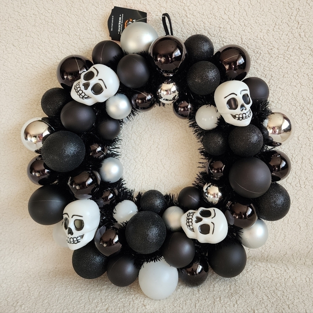 New Target 16in Halloween wreath with skulls black and white', shatterproof